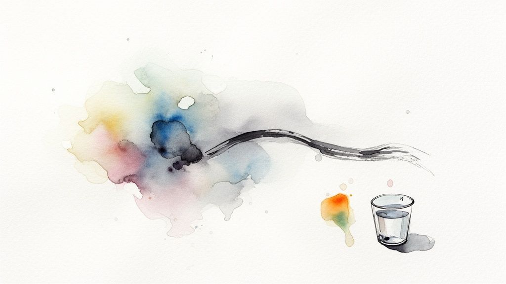Vibrant watercolor painting depicting abstract colorful paint splatters, a brush stroke, and a glass of water.