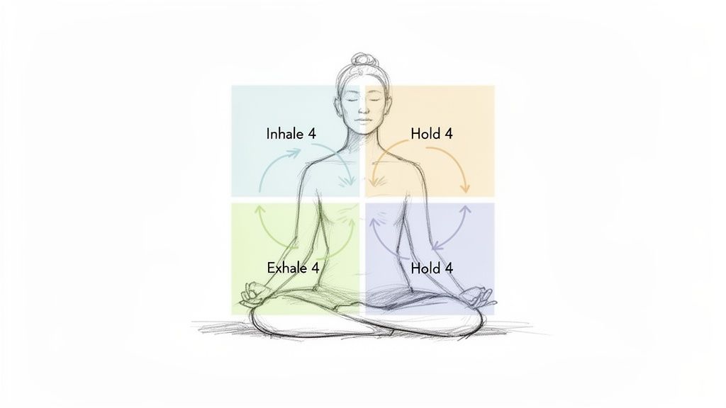 Illustration of a person meditating, demonstrating a 4-step box breathing exercise with inhale, hold, exhale, and hold for four counts.