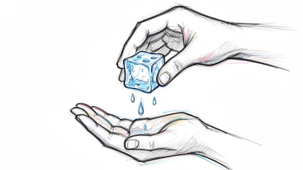 Illustration of a hand holding a melting ice cube dripping water into another open hand.