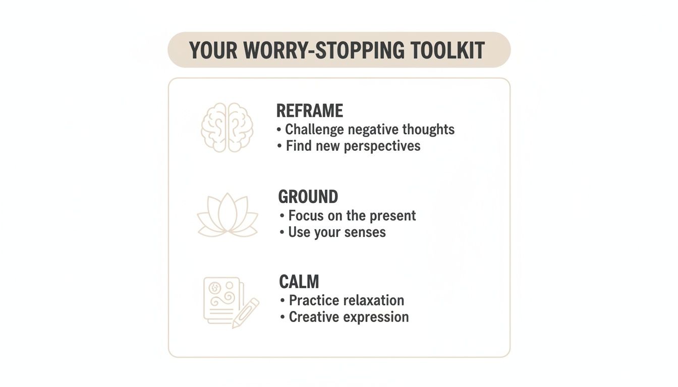 A worry-stopping toolkit outlining three strategies: Reframe, Ground, and Calm for mental wellness.