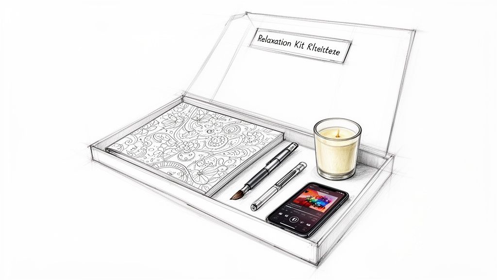 Detailed sketch of a relaxation kit containing a coloring book, pens, a lit candle, and a music-playing smartphone.