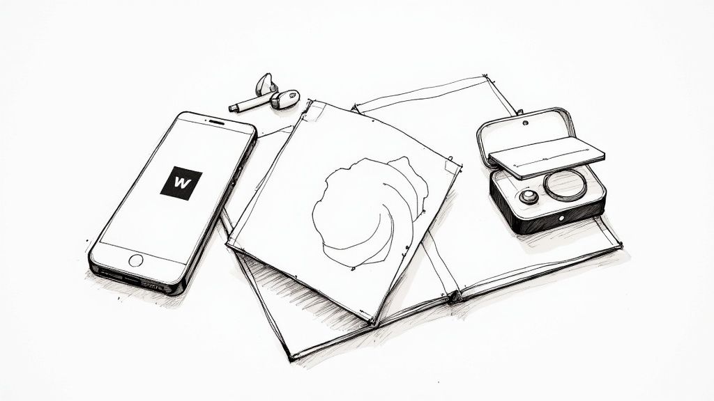 A black and white sketch of daily essentials including a smartphone, earbuds, a notebook, and an open case.
