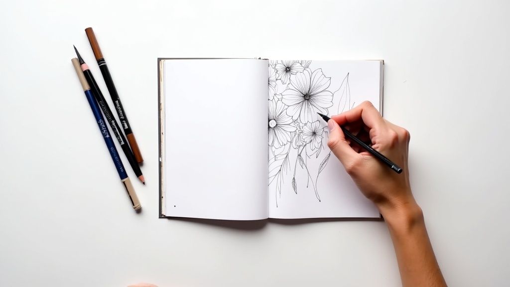 Overhead view of a person's hand drawing floral patterns in a white sketchbook with various pens.
