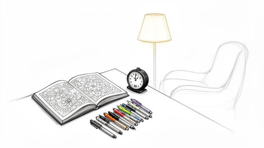 A black and white sketch of an open coloring book with colorful pens, an alarm clock, and a floor lamp.