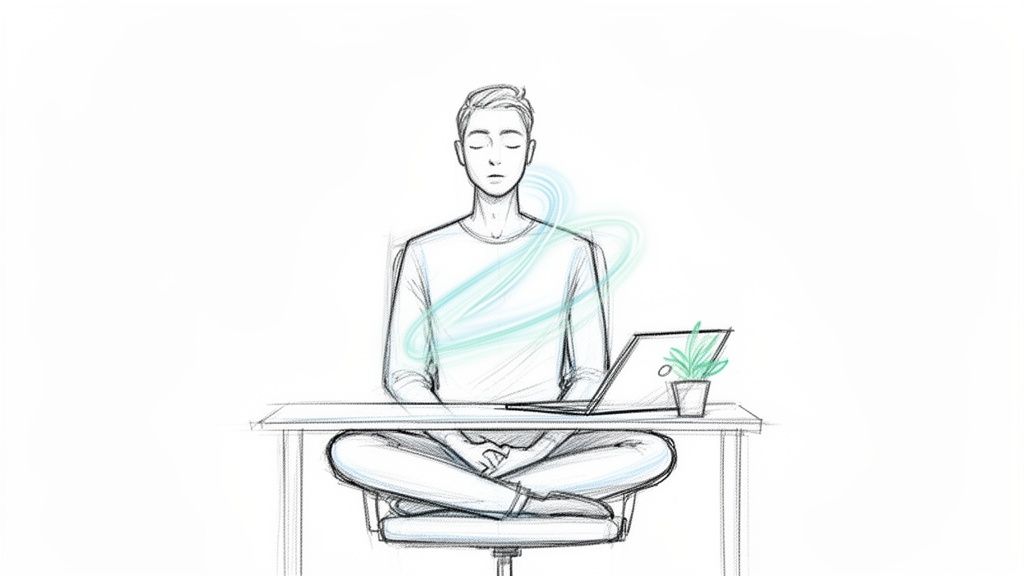 Illustration of a person meditating at a desk, laptop and plant nearby, surrounded by calm, swirling energy.