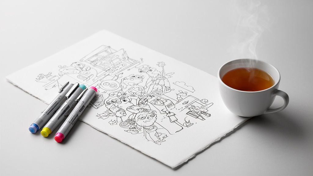 A detailed black and white line art drawing on paper, three colorful pens, and a steaming cup of tea.