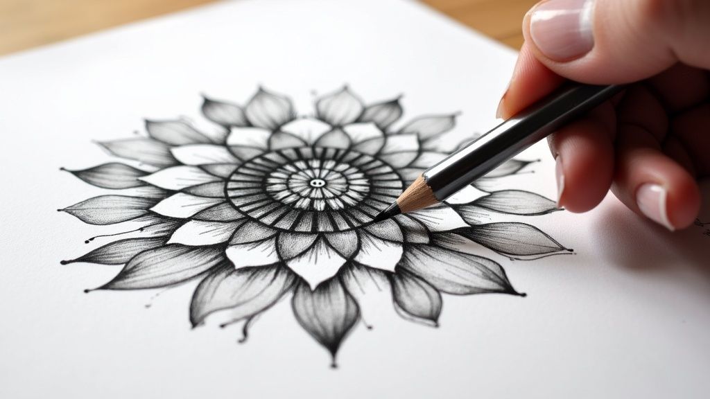Close-up of a hand drawing an intricate black and white mandala pattern with a pencil on white paper.
