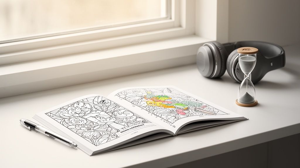 A coloring book with a pen, headphones, and hourglass on a white desk by a window.