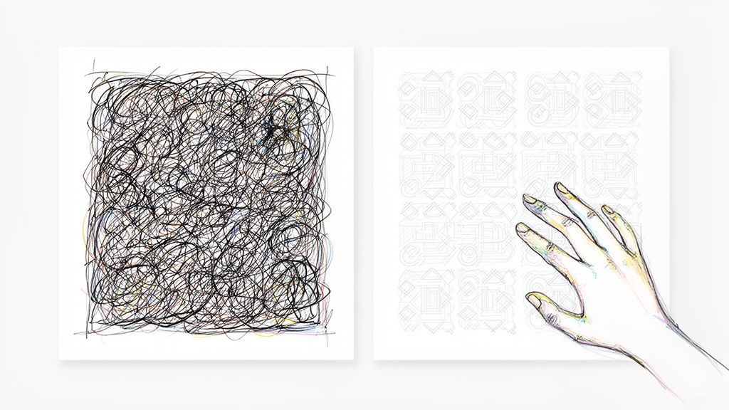 Two illustrations: a tangled scribble representing anxiety, contrasted with geometric patterns and a human hand, suggesting relief.