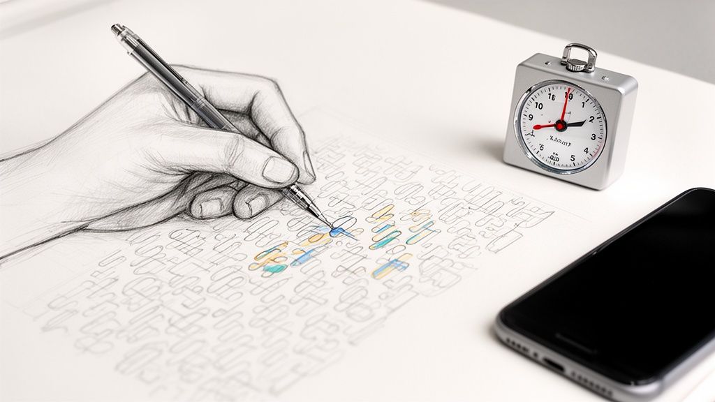 A sketched hand holds a pen, coloring abstract patterns on paper next to a clock and phone.