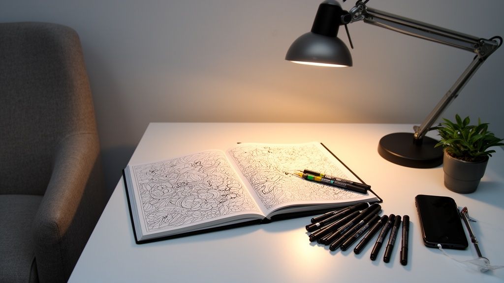 A creative desk setup with an open coloring book, various markers, a lamp, and a small plant.
