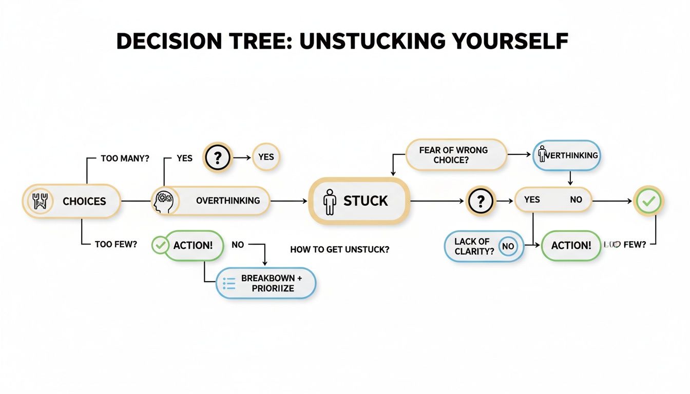 A decision tree flowchart titled 'Unstuck Yourself' outlines steps to overcome overthinking and fear.
