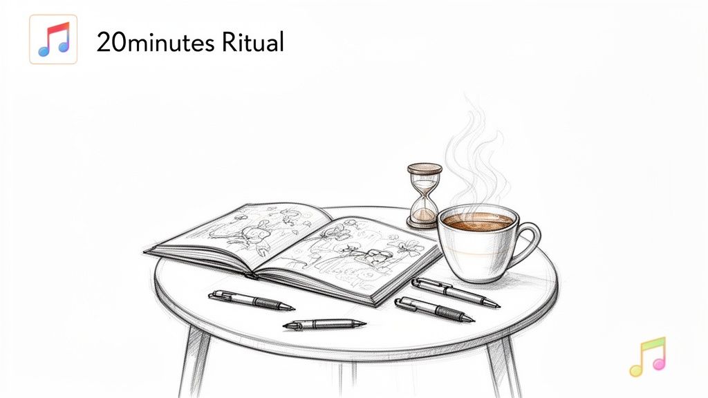 An open adult coloring book with pens, an hourglass, and a steaming cup on a table, with '20minutes Ritual' text.