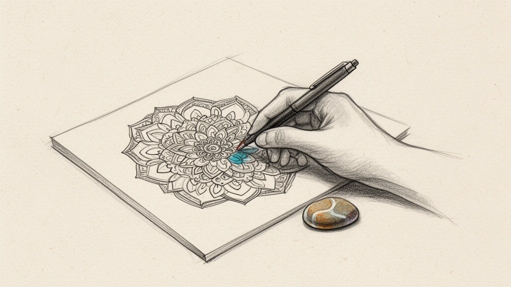 A hand colors a detailed mandala drawing on paper with a pen, a smooth stone nearby.