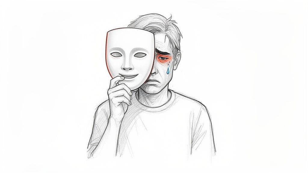 Illustration of a person holding a happy mask, revealing a sad, crying face beneath.