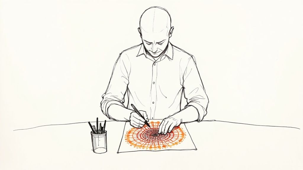 An illustration of a person creating intricate patterns in a coloring book, practicing mindfulness.