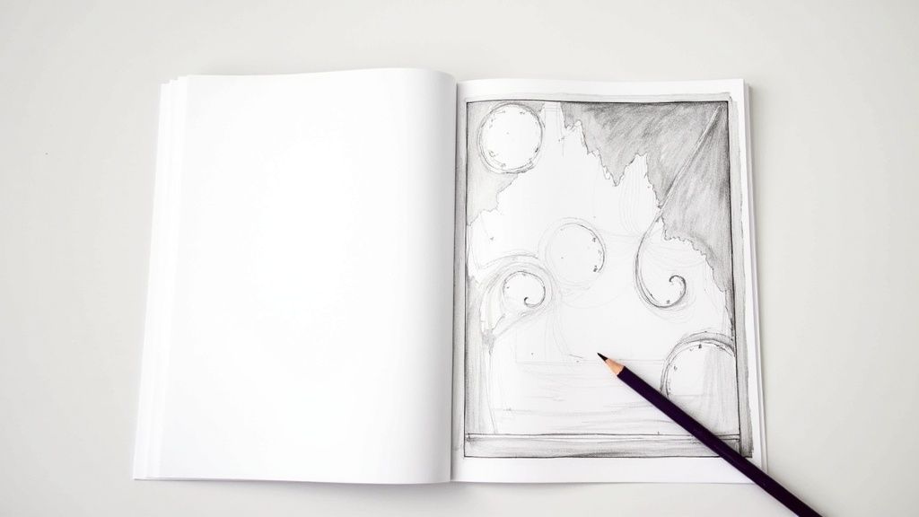 An open grayscale coloring book with a half-finished abstract drawing and a dark pencil.