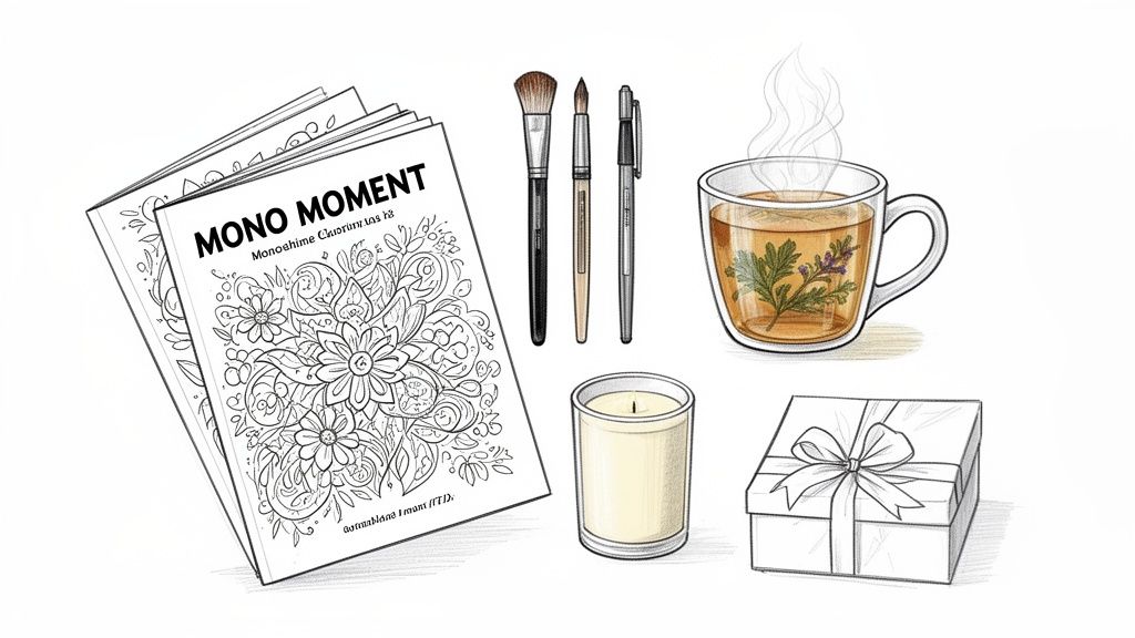A cozy flatlay with coloring books, art supplies, steaming herbal tea, a lit candle, and a gift box.