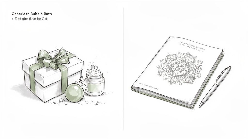 A sketch of a gift box with a ribbon, a bath bomb, and an open adult coloring book with a pen.