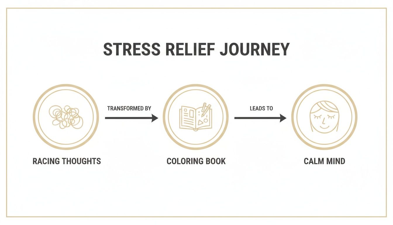 Infographic showing how a coloring book transforms racing thoughts into a calm mind.
