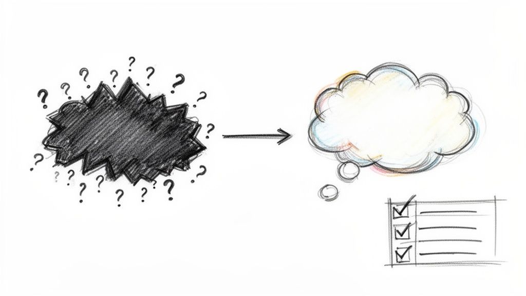 Illustration depicting a chaotic cloud of questions transforming into clear thoughts and solutions on a checklist.