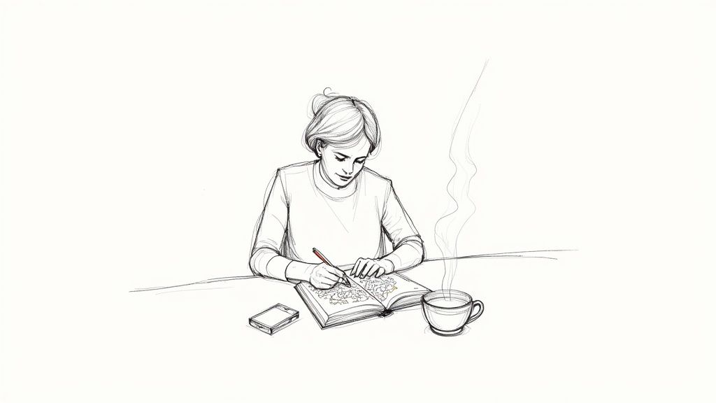 Detailed sketch of a woman coloring an adult book with a pen, coffee, and phone.