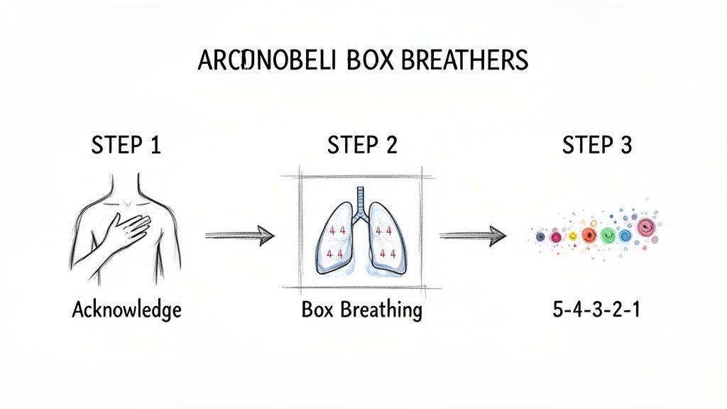 A three-step diagram outlining a breathing exercise with acknowledge, box breathing, and 5-4-3-2-1 steps.