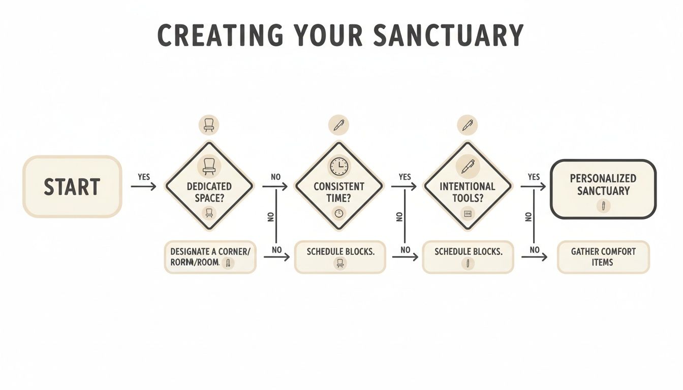 A flowchart titled 'Creating Your Sanctuary' outlining steps for establishing a personalized meditative space.