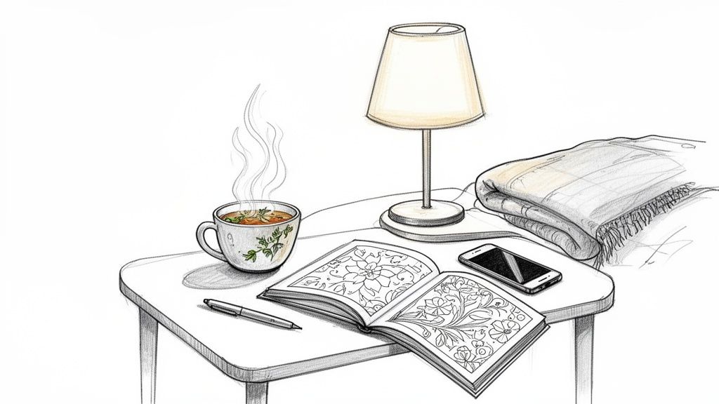 A cozy bedside table scene with a steaming mug, open coloring book, lamp, phone, and blanket.