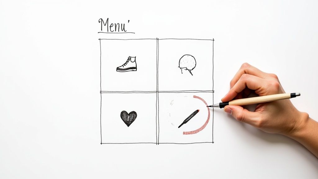 A hand draws a menu of self-care items: a shoe, a brain, a heart, and a pen.