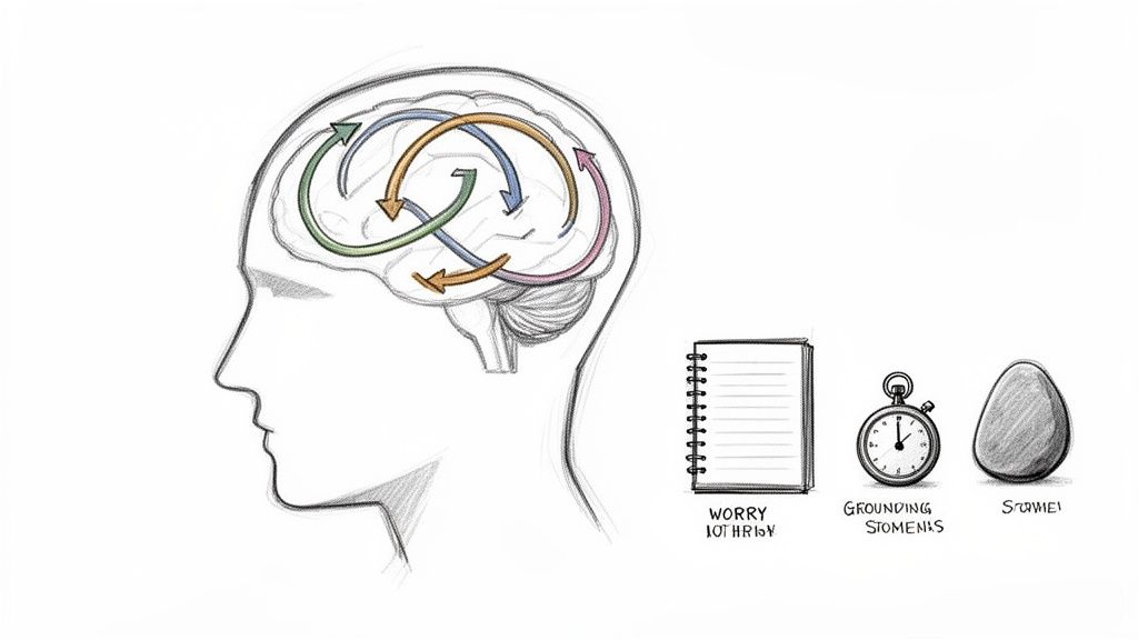 An illustration of a head with looping thoughts, alongside a journal, stopwatch, and stone for worry management.