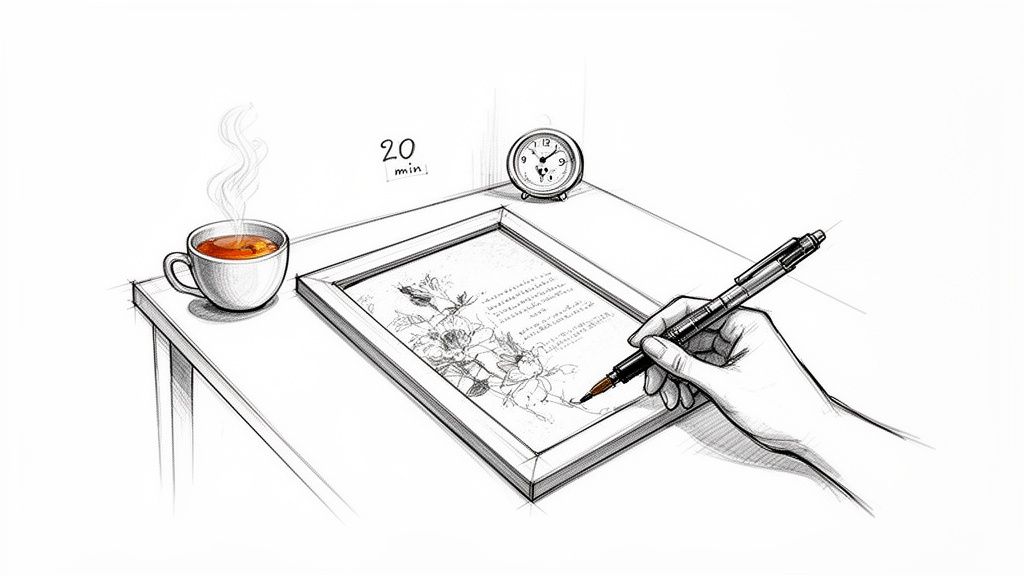 A sketch of a hand coloring a floral design within a frame, with a steaming tea cup and a timer.