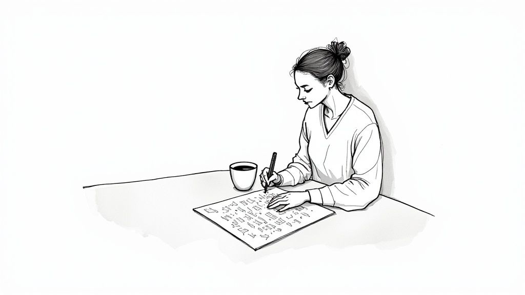 A black and white illustration of a woman writing on paper at a table with a cup.