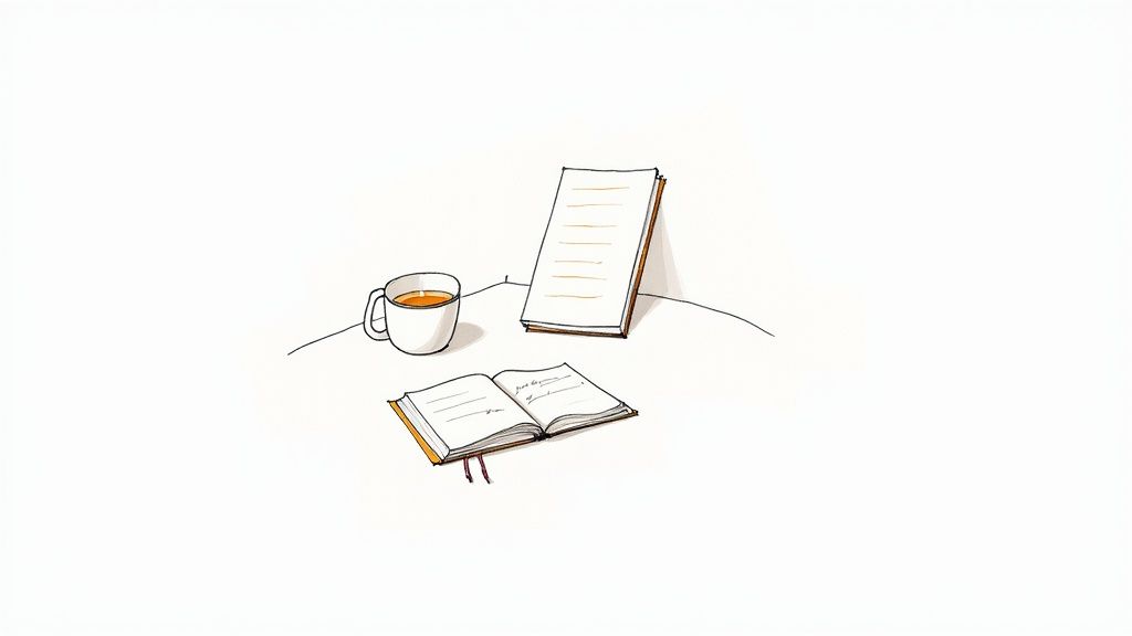 Minimalist illustration of a white mug, a stack of papers, and an open notebook on a table.