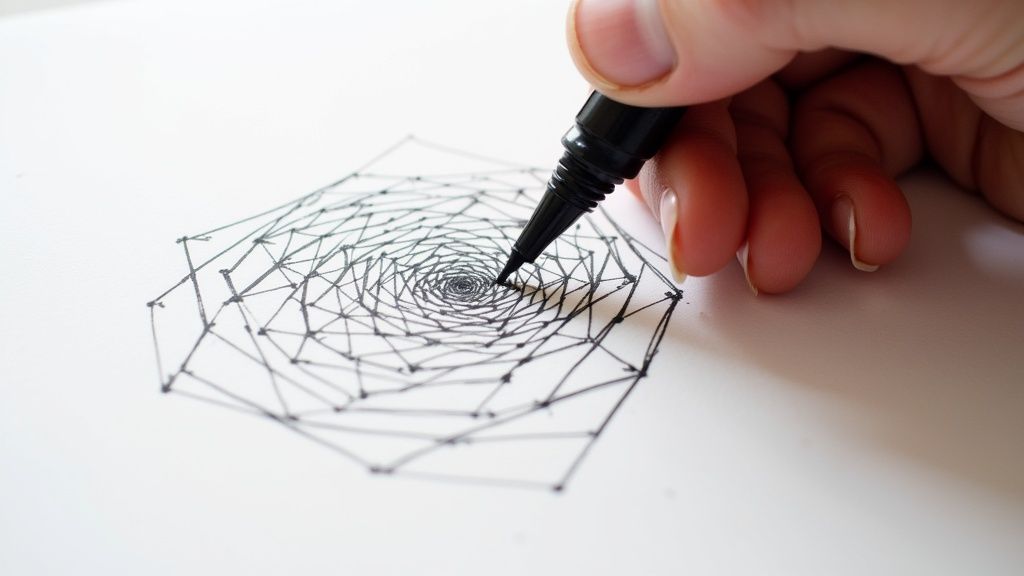 A hand uses a black pen to draw an intricate geometric spiral design on white paper.