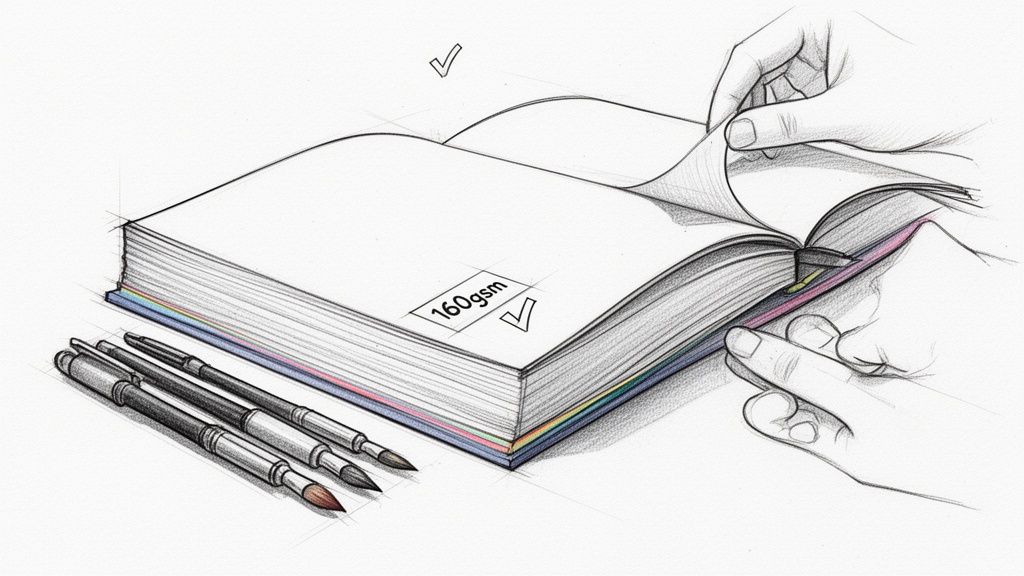 Detailed pencil sketch of hands turning pages in a thick 160gsm art journal with pens.