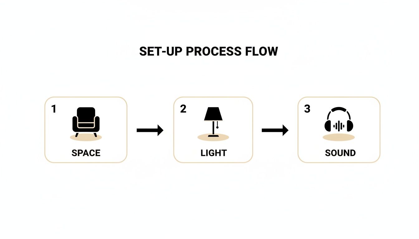 A process flow diagram illustrating three setup steps: Space, Light, and Sound, with corresponding icons.
