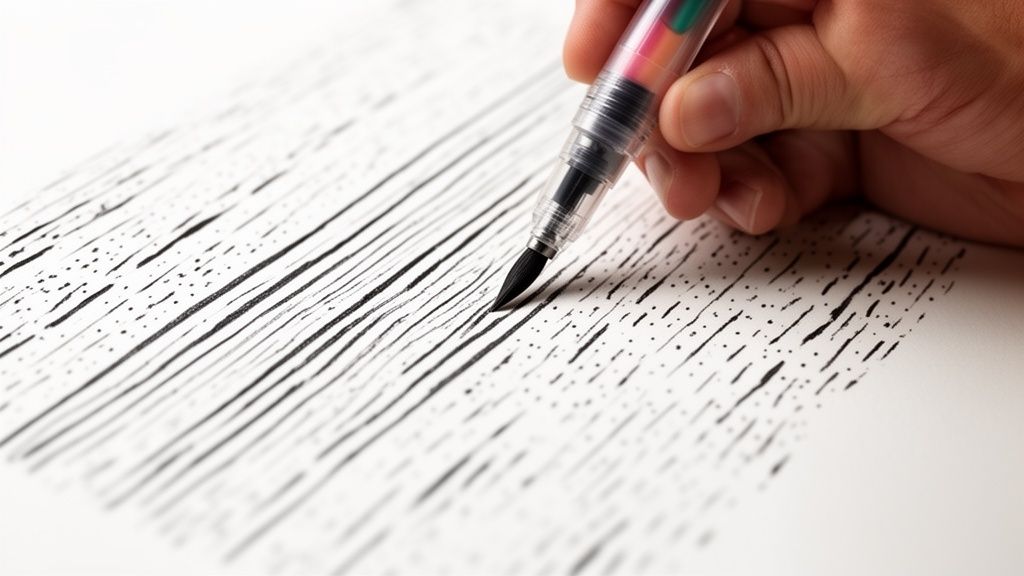 A hand holds a brush pen, drawing abstract black lines and dots on white paper.
