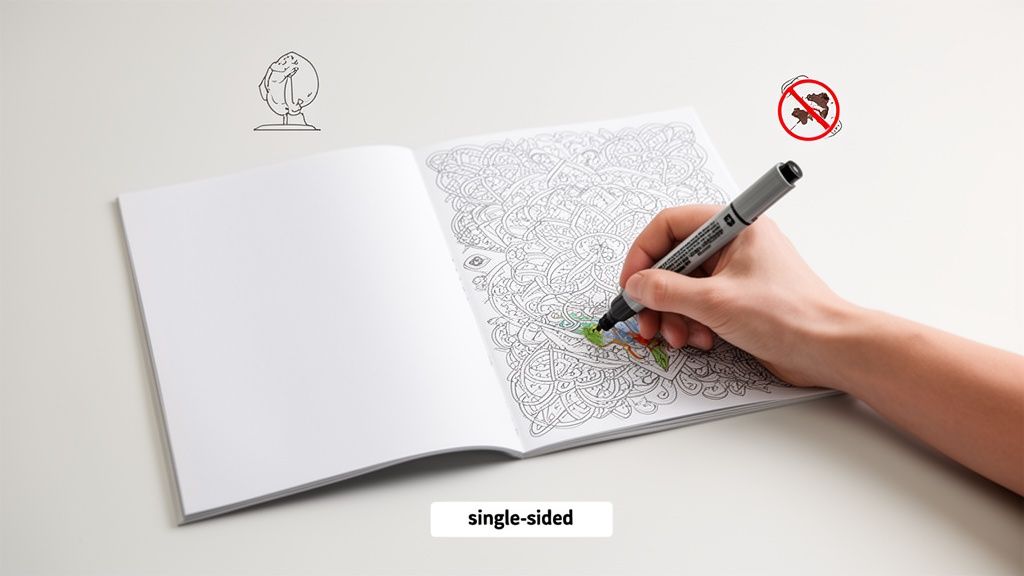 A hand colors a detailed pattern in a single-sided adult coloring book with a marker, preventing bleed-through.