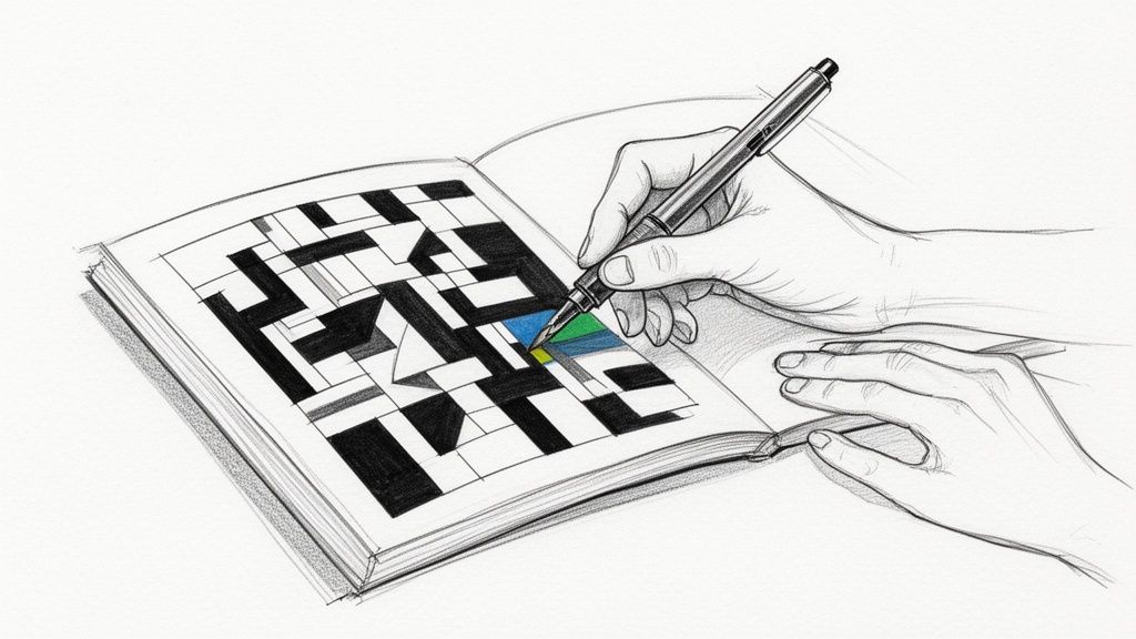 A person's hands sketching and coloring a geometric pattern in an open book with a pen.