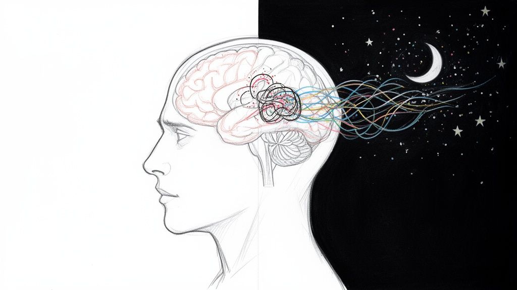 Illustration of a human head with a brain, showing thoughts transforming into dreams at night.