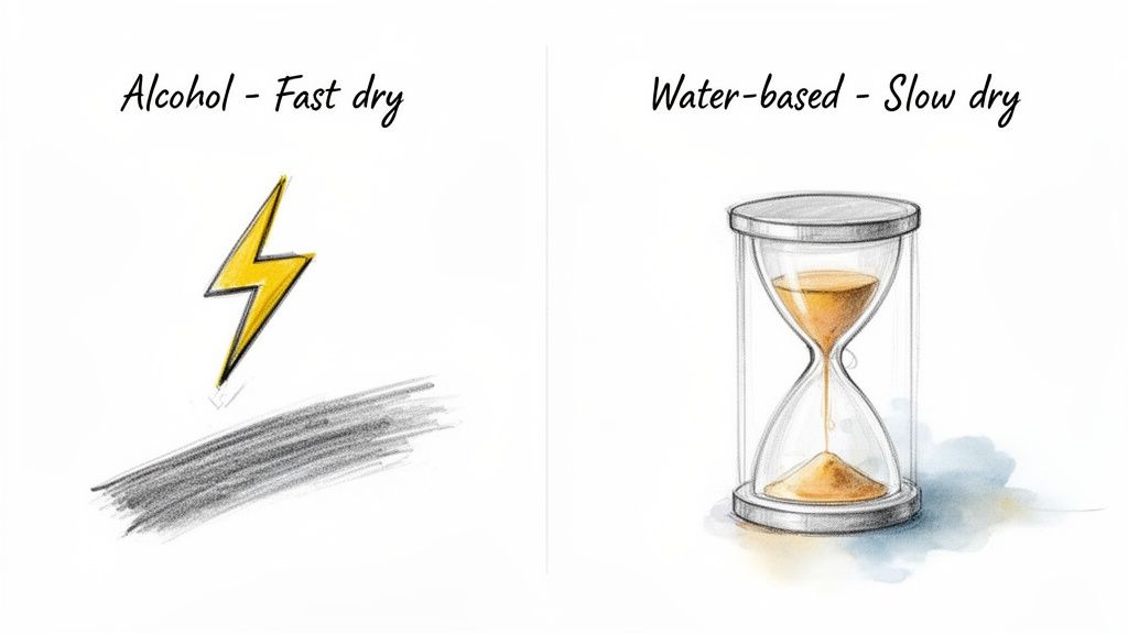 Illustration comparing fast-drying alcohol-based ink with a lightning bolt and slow-drying water-based ink with an hourglass.