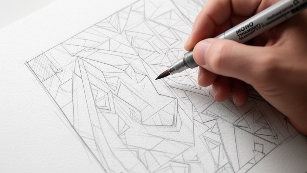 A person's hand carefully drawing a complex geometric design with a brush pen on white paper.