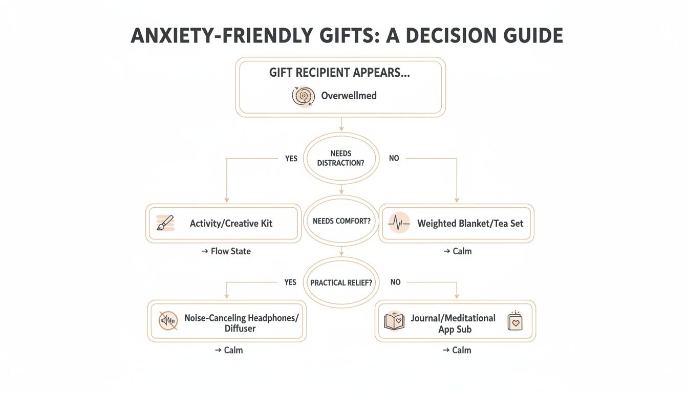 A flowchart guiding gift choices for overwhelmed individuals, offering anxiety-friendly options for calm and relief.