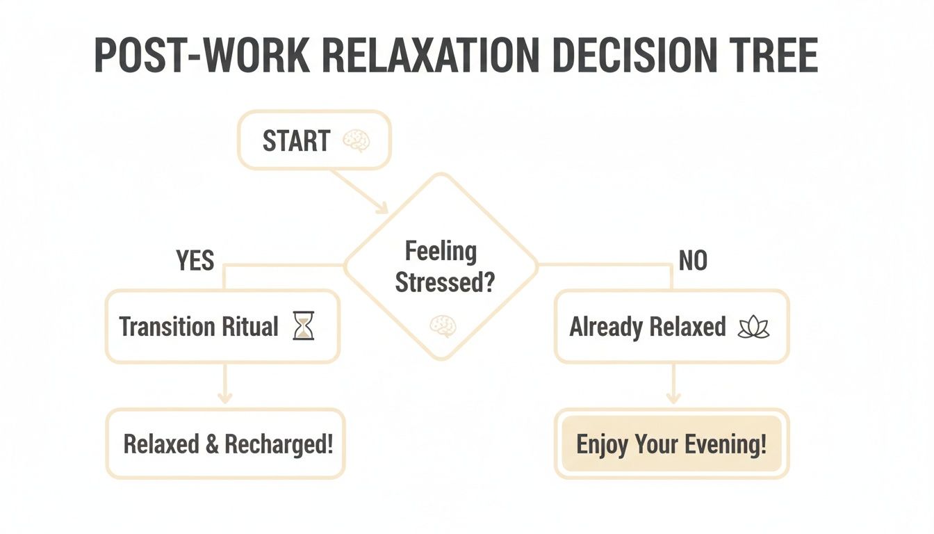 A flowchart titled "Post-Work Relaxation Decision Tree" guiding steps based on stress levels.