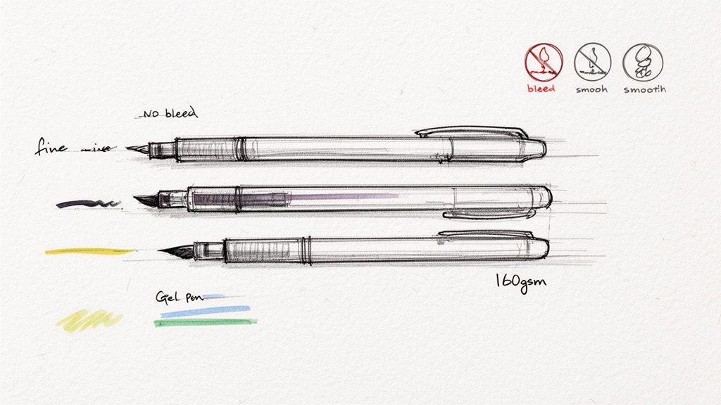 A detailed sketch illustrating three different pens, showing fine lines, brush strokes, and ink properties like 'no bleed' and '160gsm' paper.