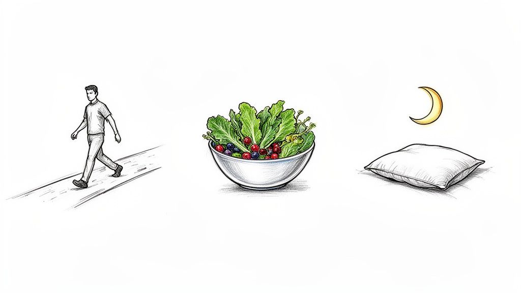 Illustration showing a person walking, a salad bowl, and a pillow with a moon, symbolizing healthy habits for mental health.