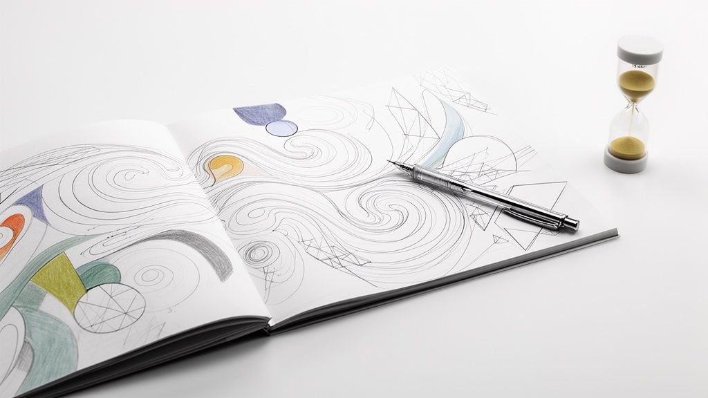 An open book displaying abstract line art with colored sections, a silver pen, and an hourglass on a white background.