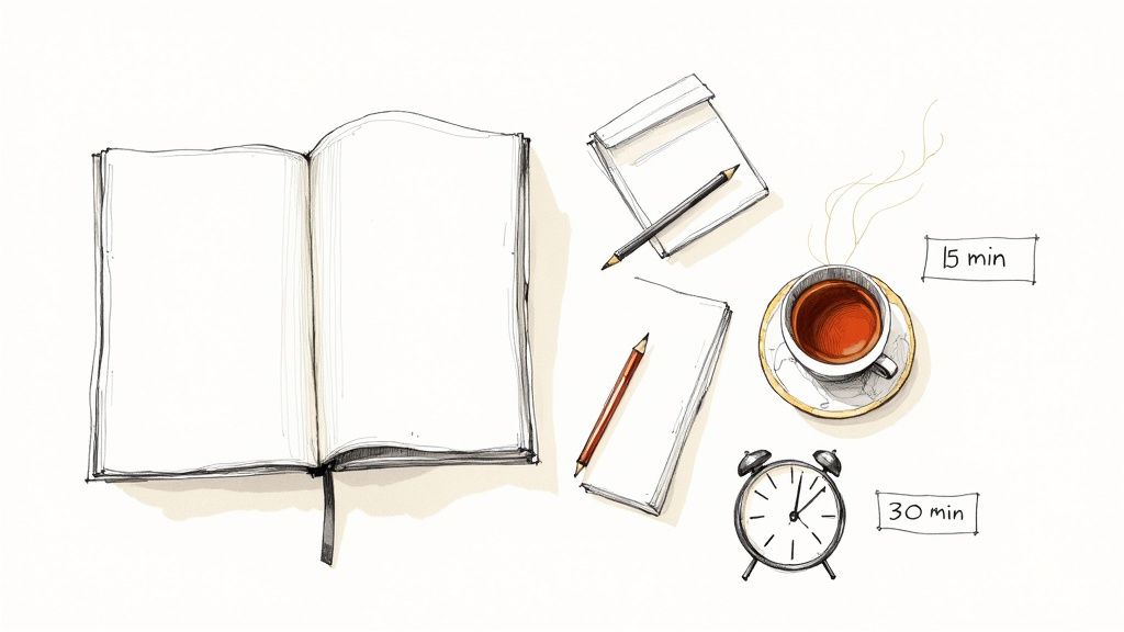 An illustration of a workspace with an open notebook, pencils, a steaming coffee cup, an alarm clock, and time labels.