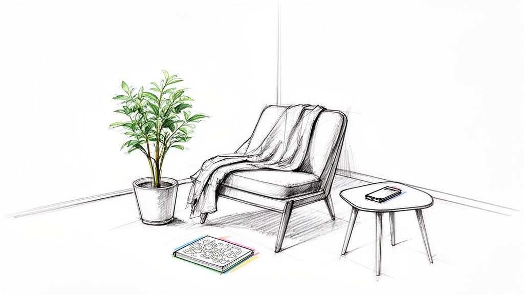 A detailed sketch showing a cozy corner with a potted plant, armchair, side table, and a book.